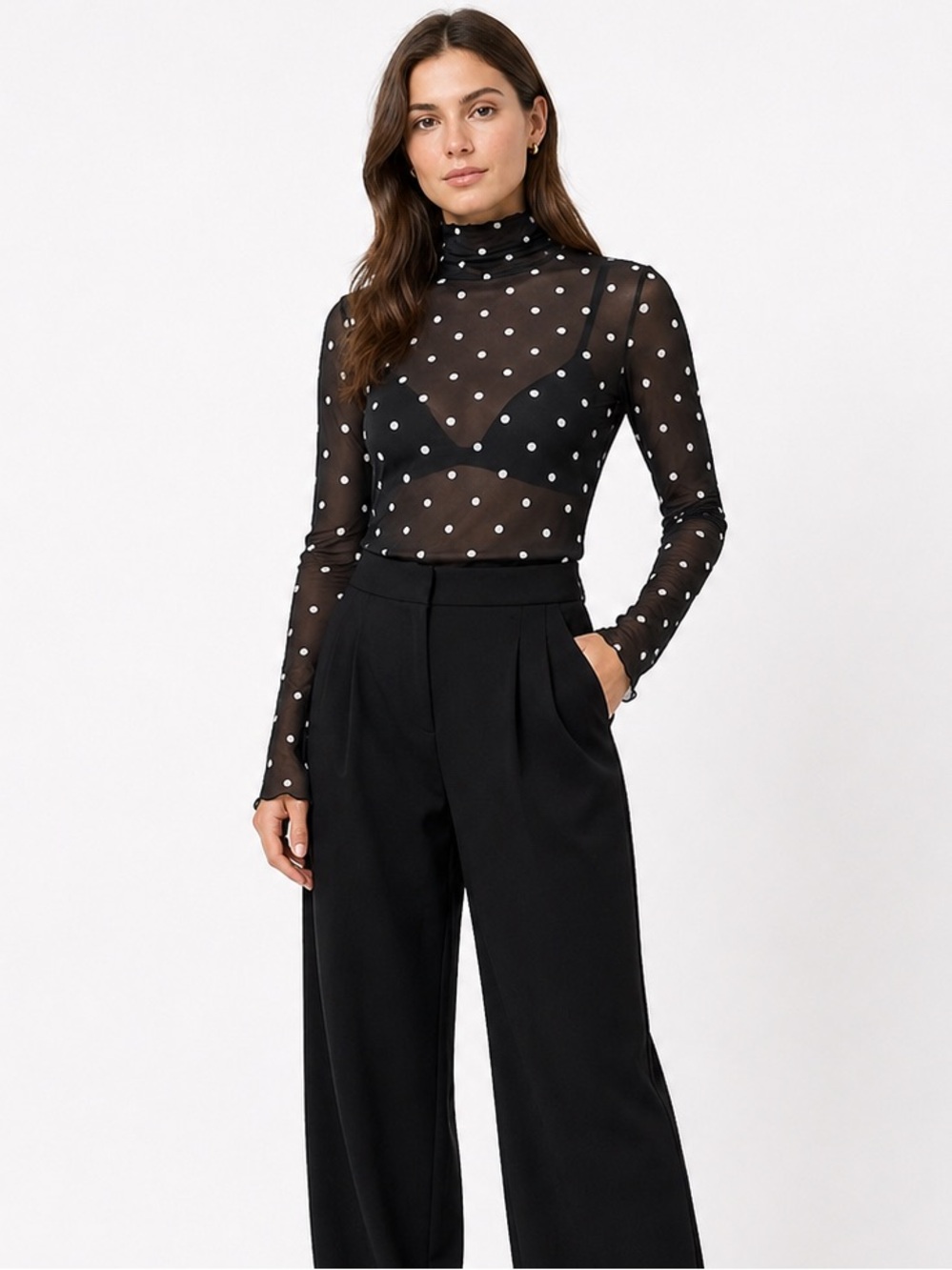 Sheer Polka Dot Long-Sleeve Turtleneck Top - Black